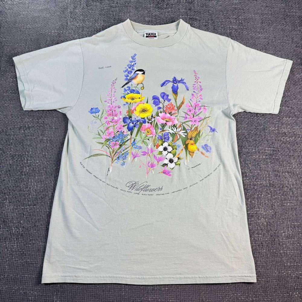 Tultex Wildflowers Graphic Tee Mens M Sage Green Vintage 90s Banff Canada